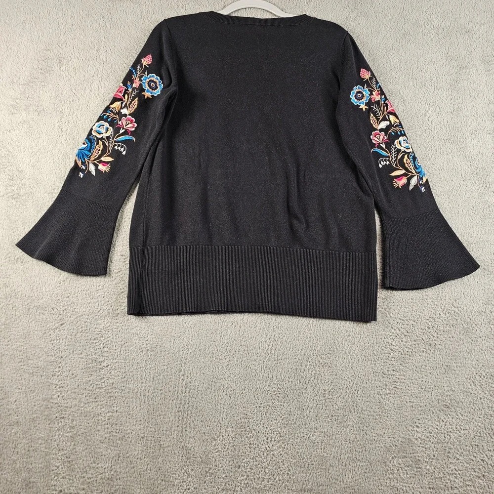 Belle by Kim Gravel Black Floral Embroidered Bell Sleeve Sweater XL